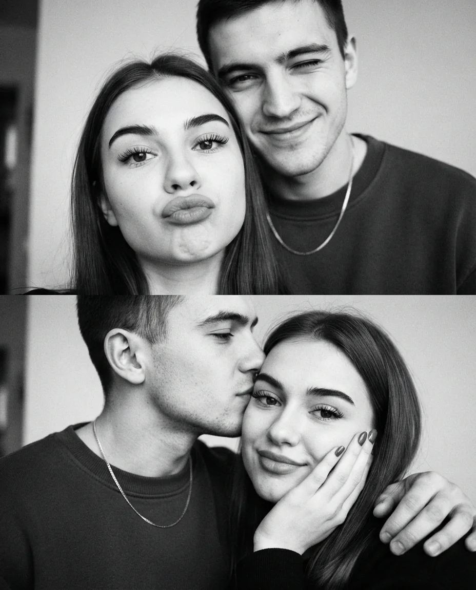 Ч/б коллаж селфи влюбленной пары