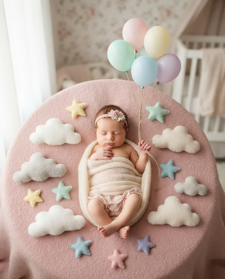 Детская фотосессия Newborn с шарами — пример результата промта для Картинки