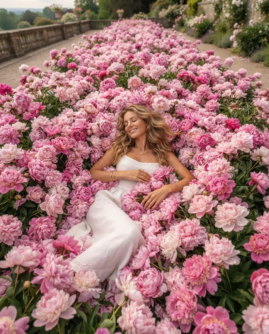 Девушка в пионах (Pinterest style) — пример результата промта для Картинки