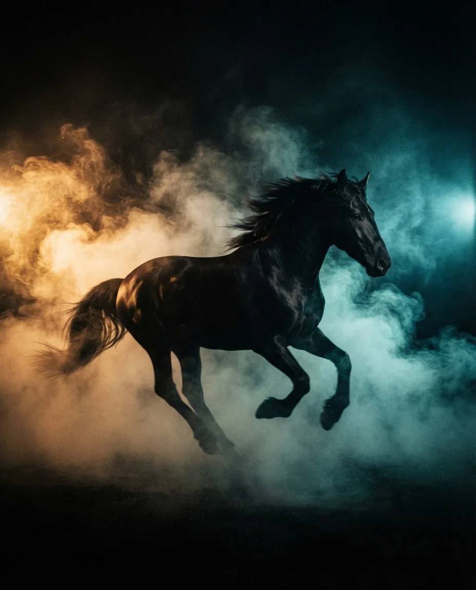 Драматический силуэт лошади в кинематографическом свете — пример результата промта для Картинки