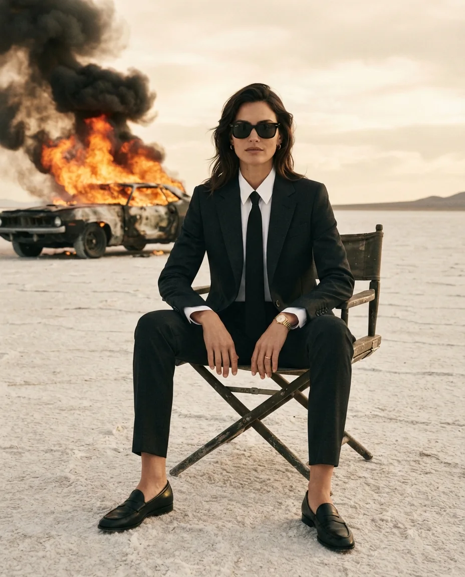 Fashion-съемка на фоне горящего авто — пример результата промта для Картинки