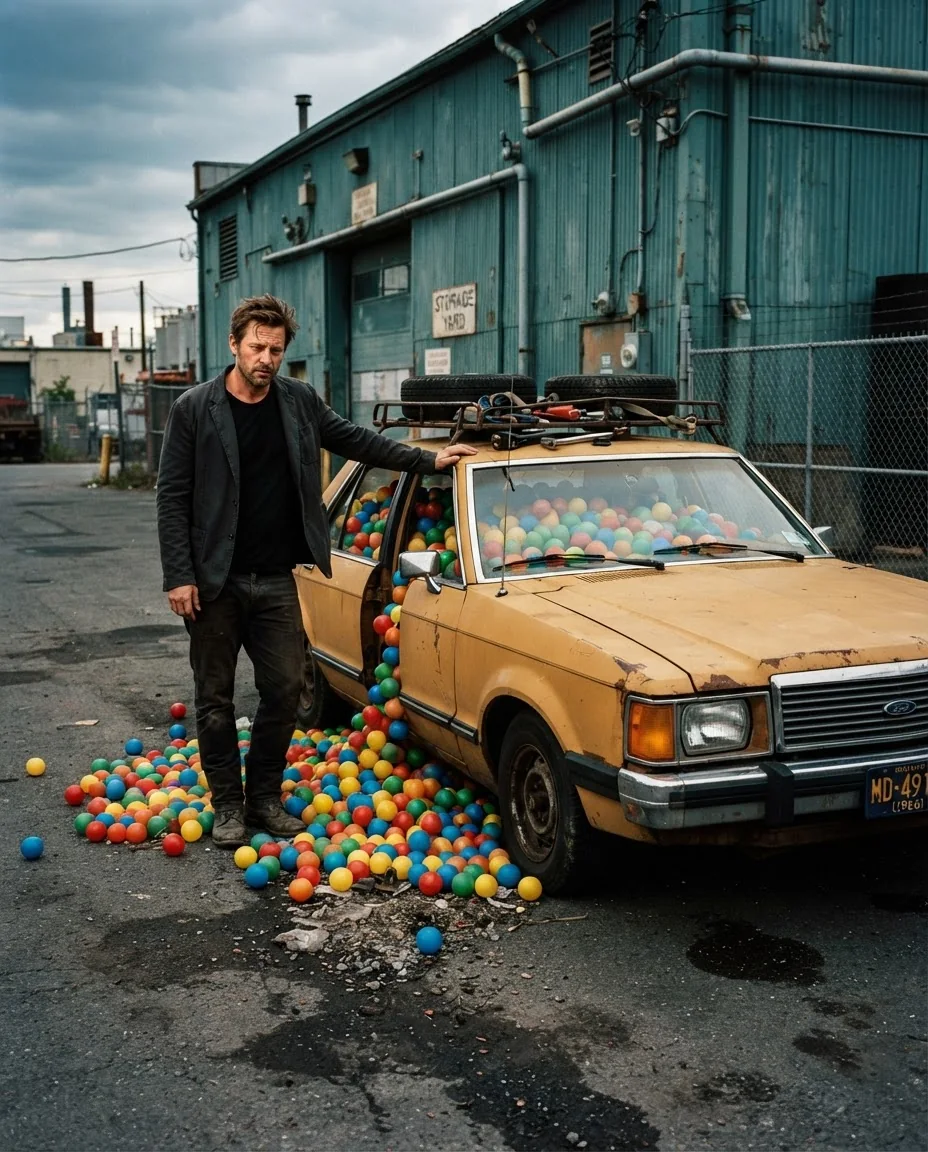 Фото в стиле абсурдного реализма у авто — пример результата промта для Картинки
