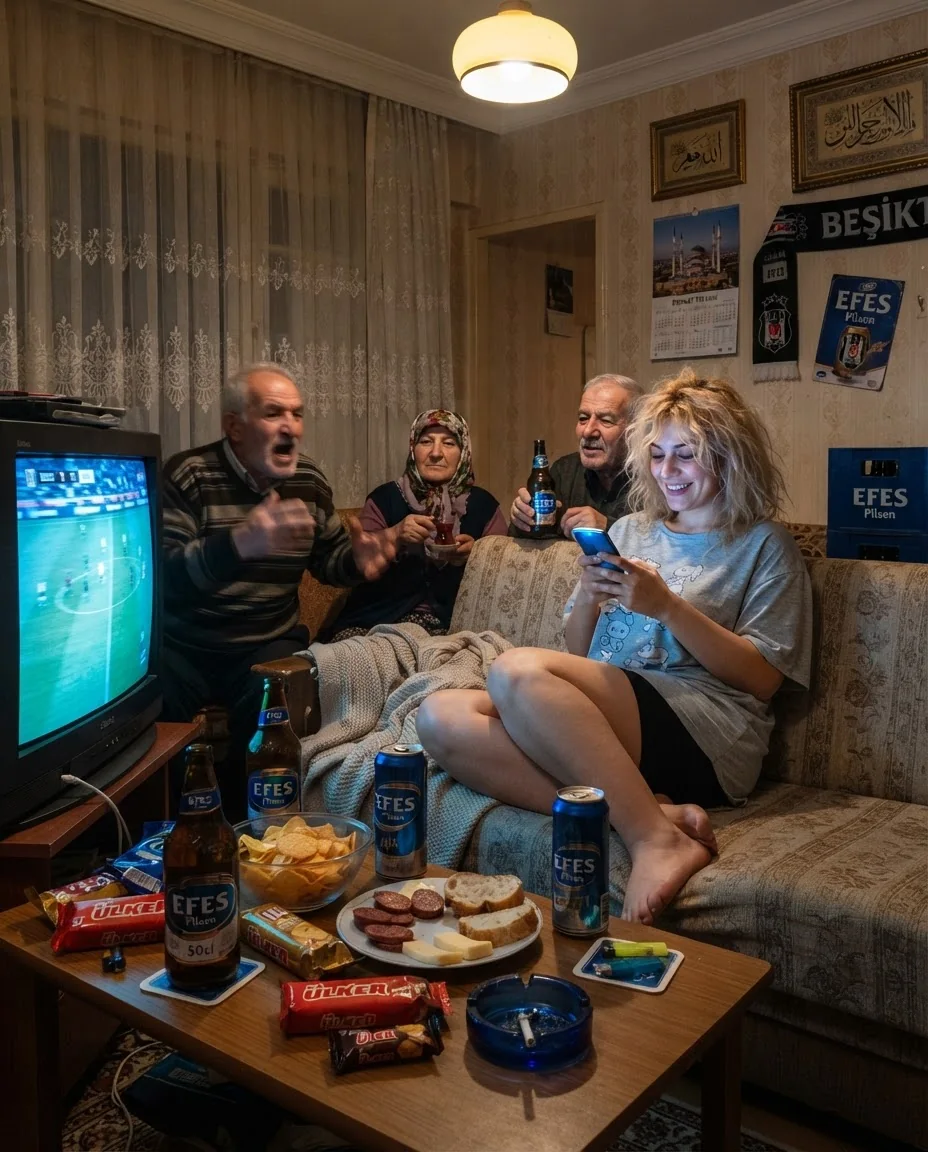 Футбольный матч и Efes в турецкой гостиной — пример результата промта для Картинки