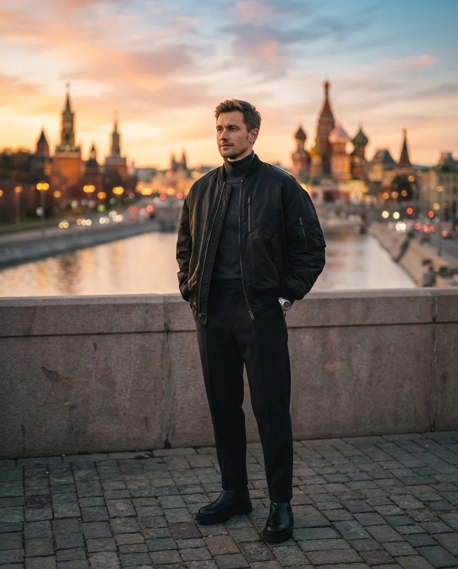 Городской портрет на фоне Москвы — пример результата промта для Картинки