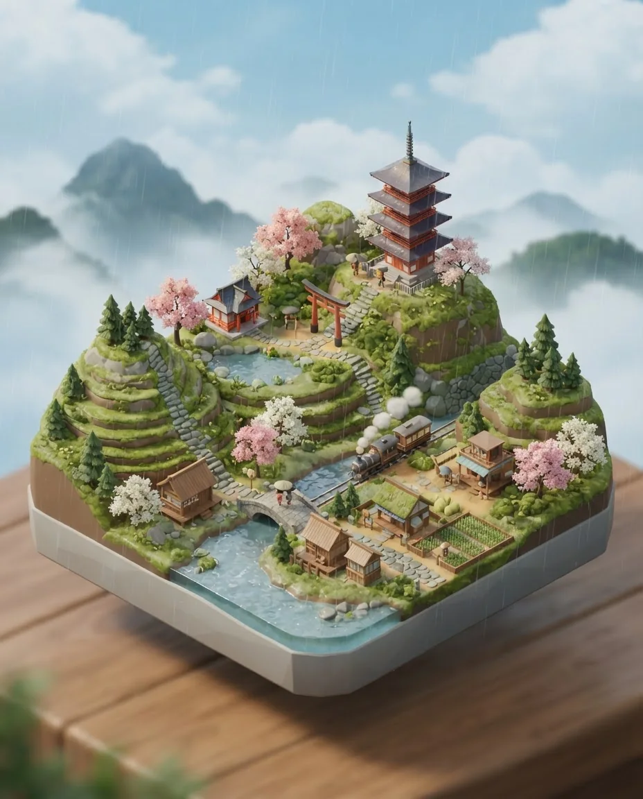 Вертикальная 3D-миниатюра города — пример результата промта для Картинки