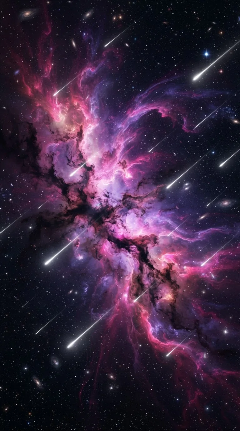 Космическая небула с метеорами — пример результата промта для Kling