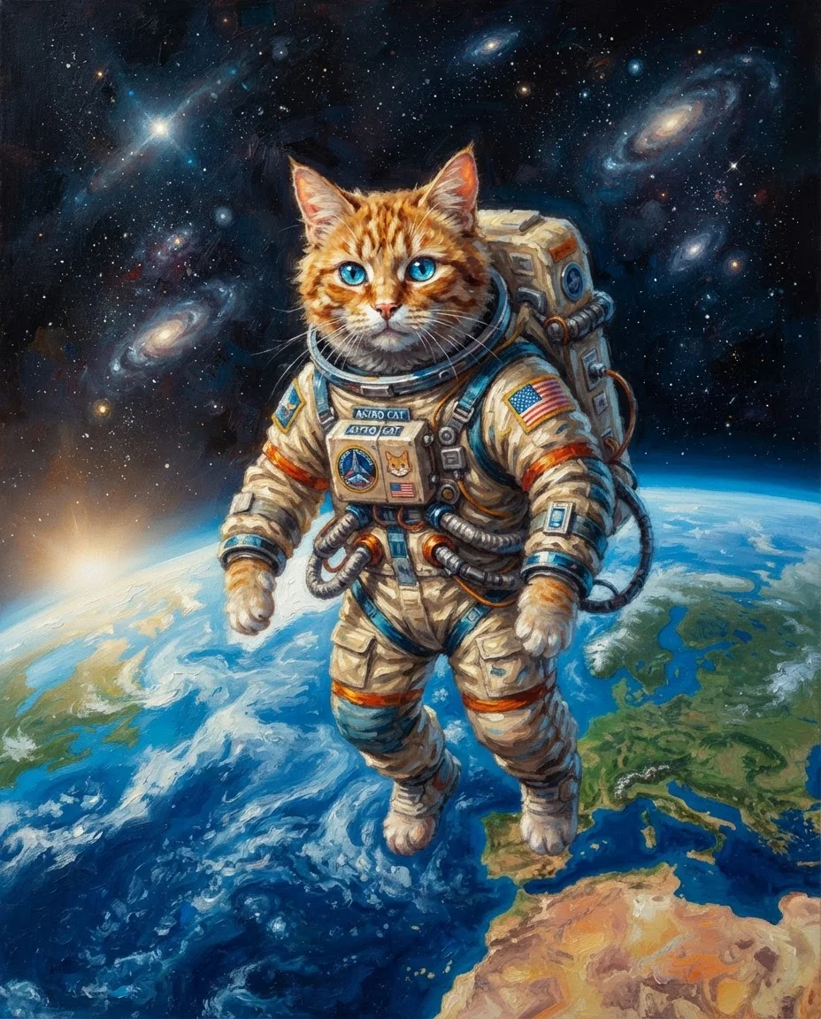 Кот-космонавт в стиле живописи — пример результата промта для Картинки