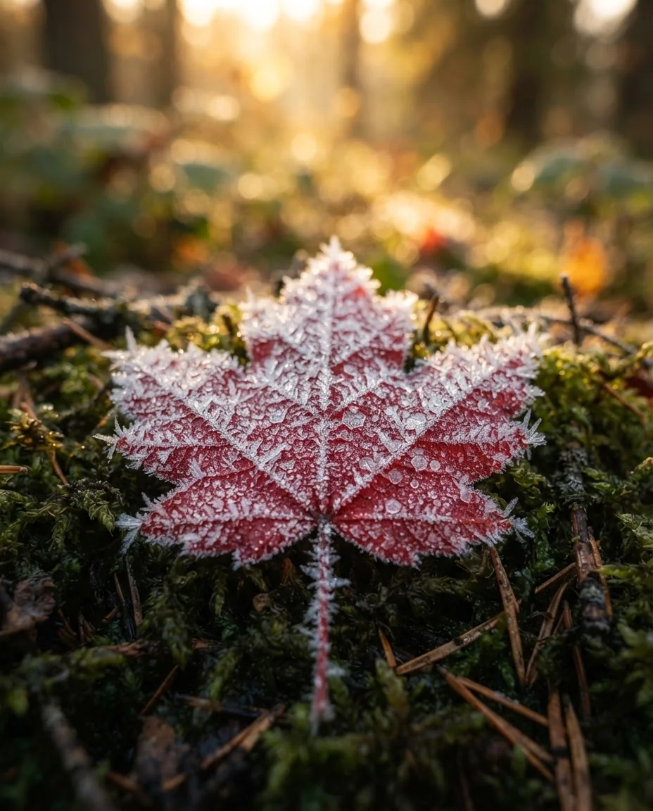 Кристаллы инея на кленовом листе