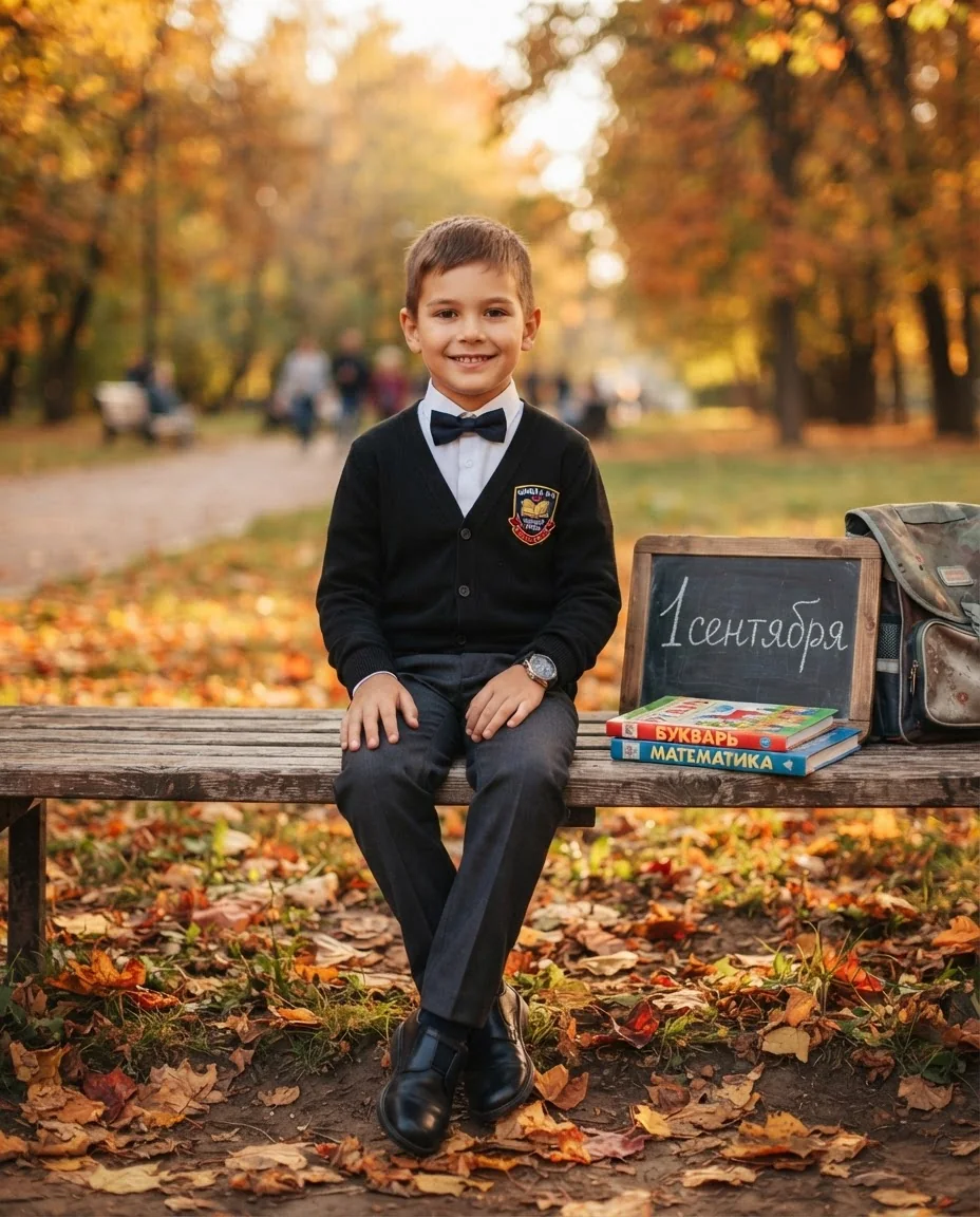 Мальчик в школьной форме в парке — пример результата промта для Картинки
