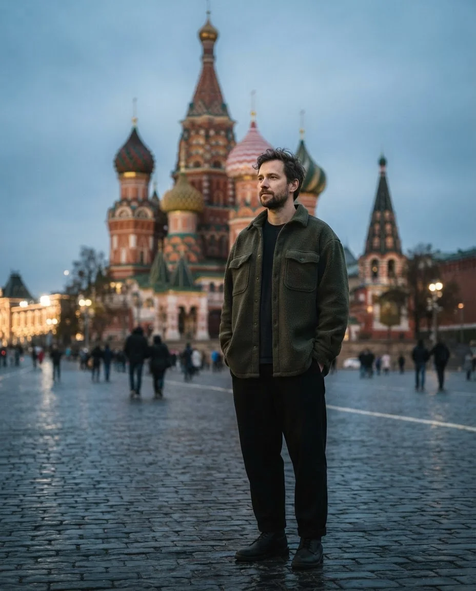 Мужской портрет на Красной площади — пример результата промта для Картинки