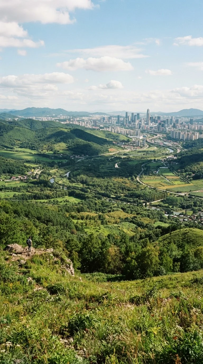 Панорама зеленой долины и города на горизонте — пример результата промта для Kling