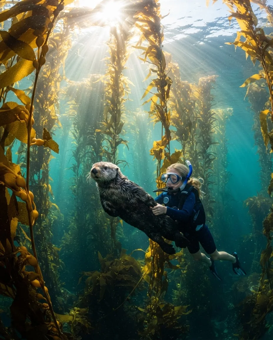 Подводный мир с каланом в водорослях