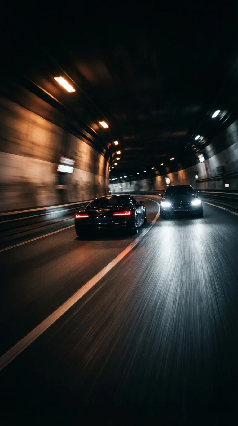 Погоня в туннеле: кинематографичное видео — пример результата промта для Kling