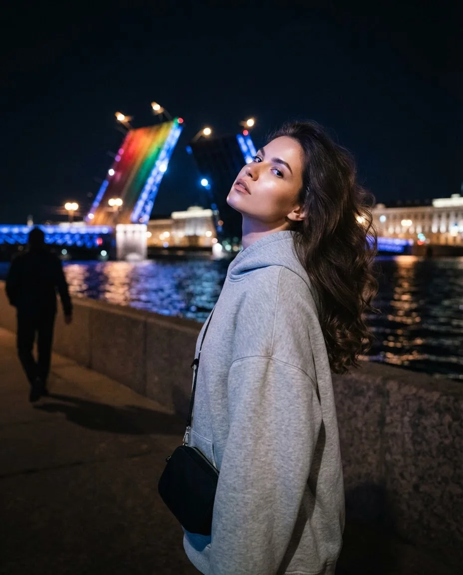 Портрет девушки ночью на фоне моста