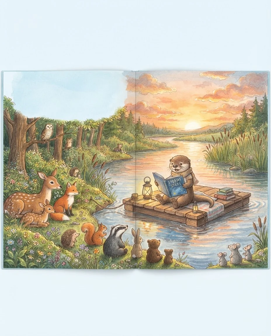 Сцена из детской книги на закате — пример результата промта для Картинки
