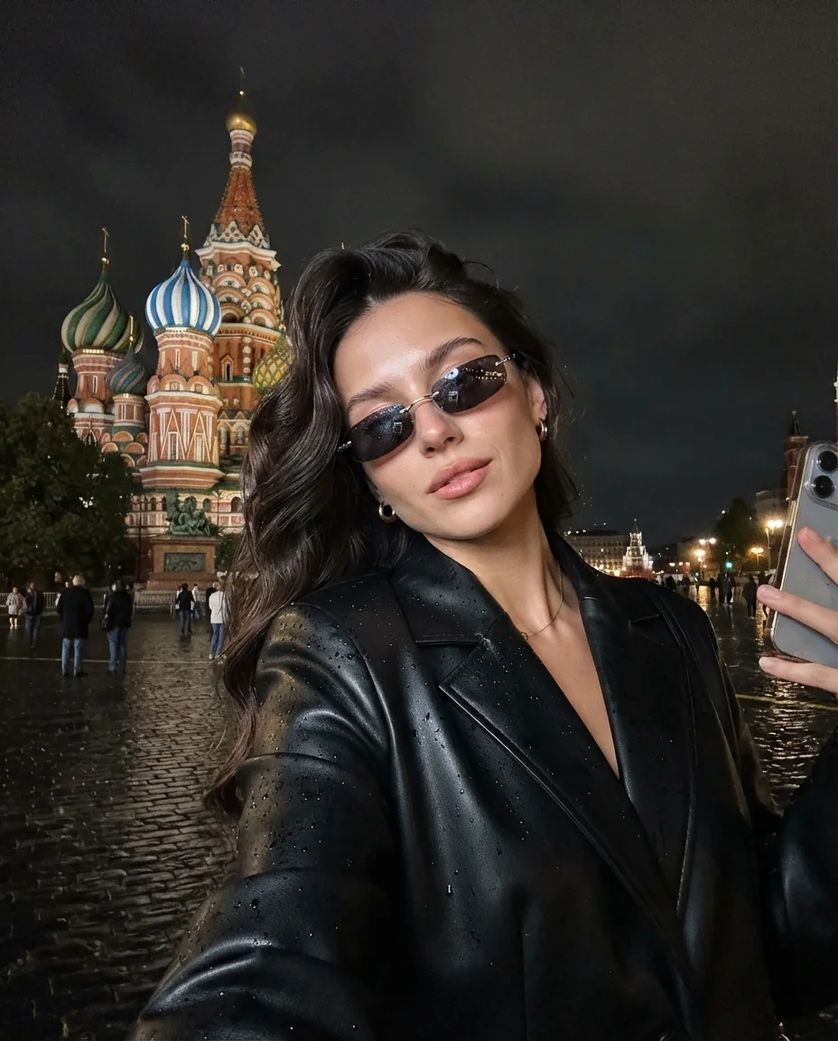 Селфи у Собора Василия Блаженного в Москве — пример результата промта для Картинки