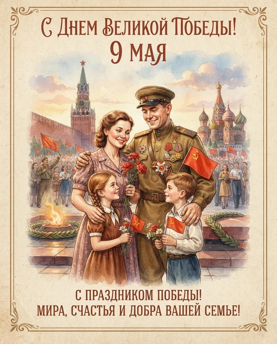 Семейная открытка к празднику — пример результата промта для Картинки