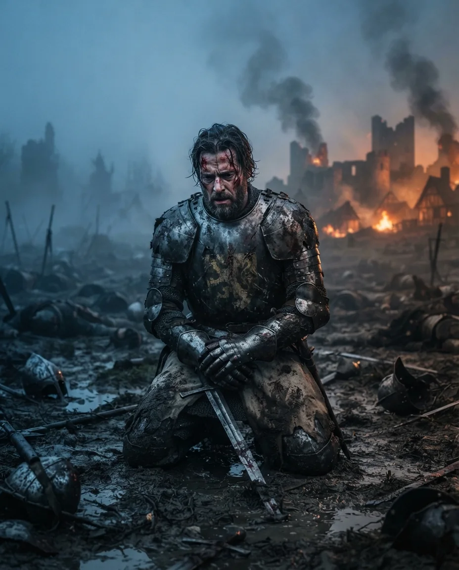 Сломленный рыцарь: Драматичный портрет — пример результата промта для Картинки