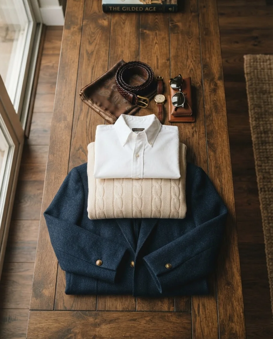 Стильный Flat-lay гардероба — пример результата промта для Картинки