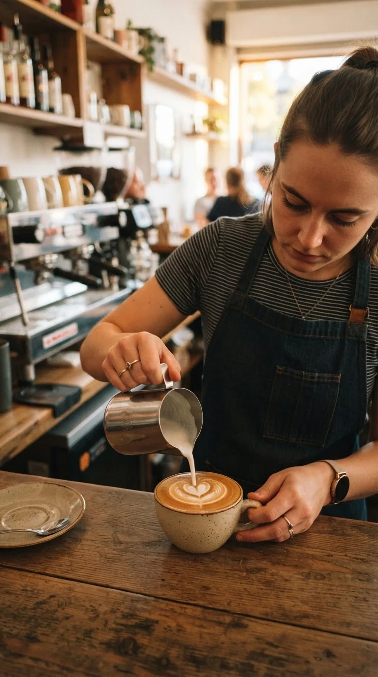 Видео: Бариста создает латте-арт — пример результата промта для Kling